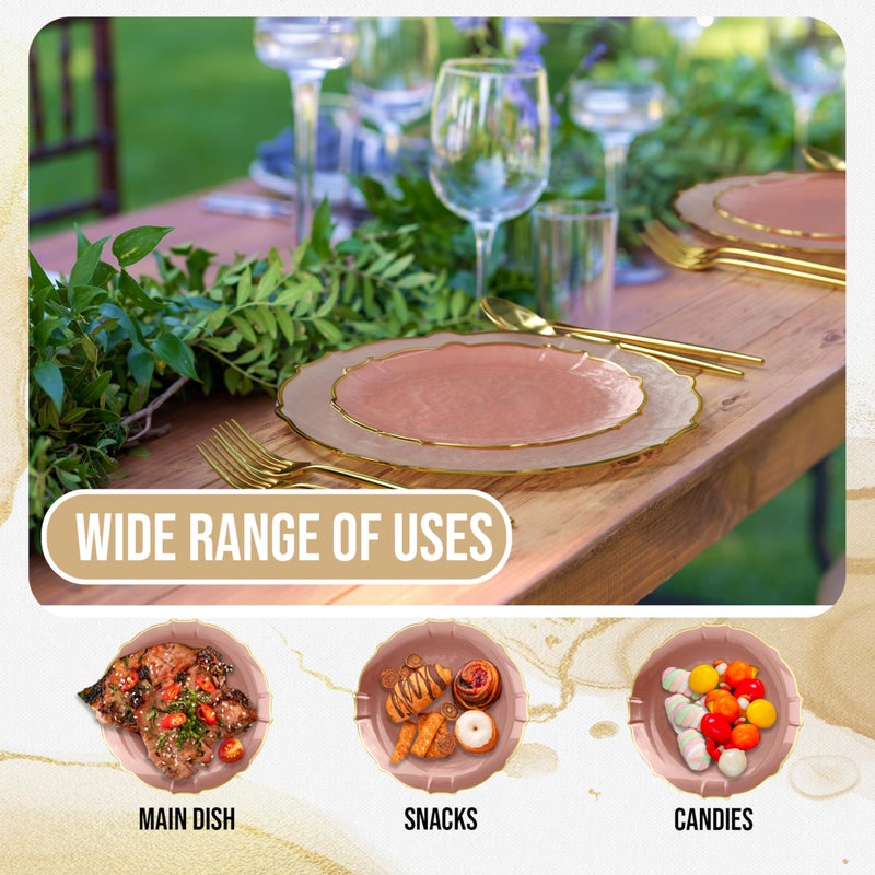 Exquisite Plastic Plates for Party 40 Piece Fancy Plastic Dinner Plates For 20 Guests 20 X 7.5 Dessert Plates & 20 X 10 Thin Delicate Disposable Dinnerware Charger Plate Pink Rose Gold Rim - Image 3
