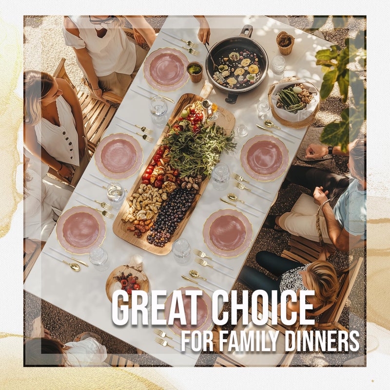 Exquisite Plastic Plates for Party 40 Piece Fancy Plastic Dinner Plates For 20 Guests 20 X 7.5 Dessert Plates & 20 X 10 Thin Delicate Disposable Dinnerware Charger Plate Pink Rose Gold Rim - Image 4