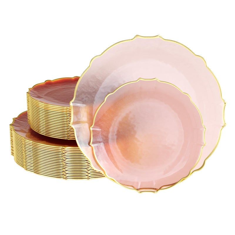 Exquisite Plastic Plates for Party 40 Piece Fancy Plastic Dinner Plates For 20 Guests 20 X 7.5 Dessert Plates & 20 X 10 Thin Delicate Disposable Dinnerware Charger Plate Pink Rose Gold Rim - Image 1
