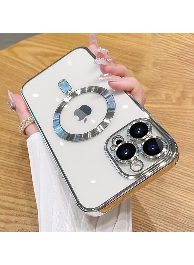 OOK حافظة مطلية لجهاز آيفون 14 برو ماكس مع واقي عدسة الكاميرا (متوافقة مع ماغسيف) مضادة للخدش وصدمات حماية رقيقة لجهاز آيفون 14 برو ماكس للنساء والرجال - فضي - Image 1