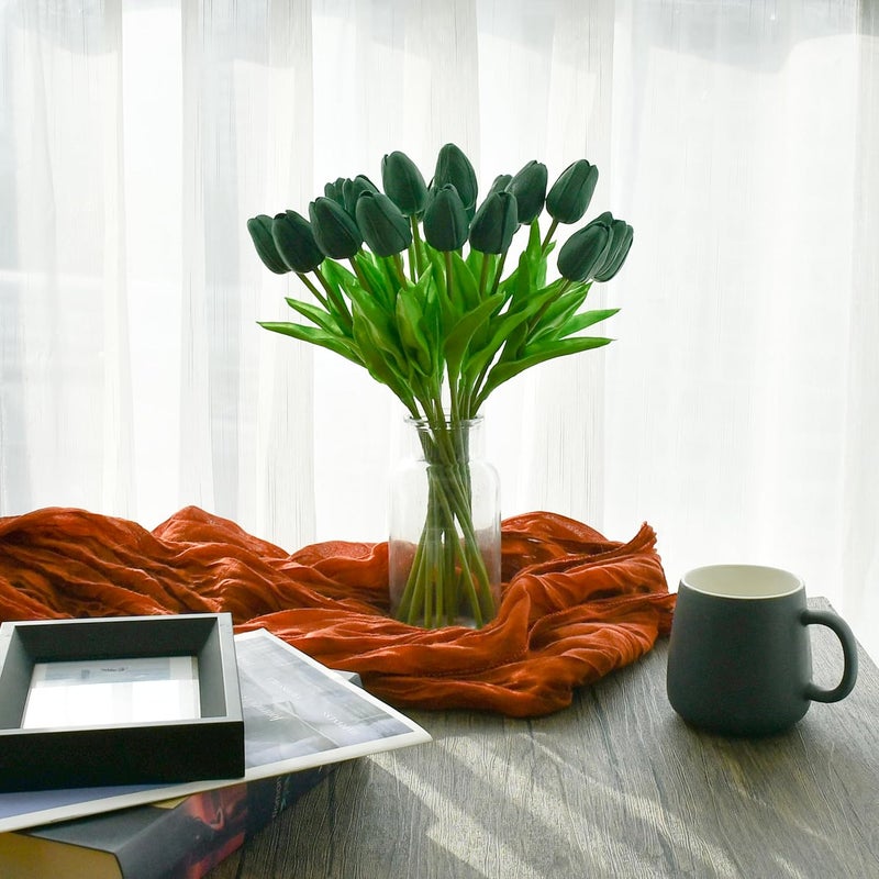 Mandy's Artificial Tulips 20 Stems Dark Green PU Faux Flowers for Thanksgiving and Christmas Decorations Wedding Home Decor 13.5 Inch - Image 4
