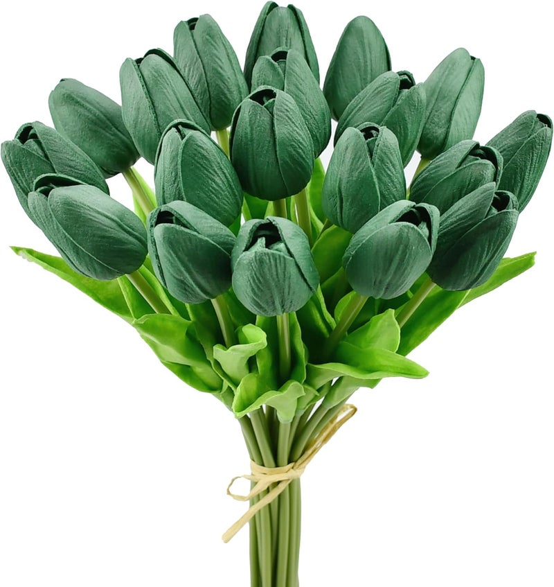 Mandy's Artificial Tulips 20 Stems Dark Green PU Faux Flowers for Thanksgiving and Christmas Decorations Wedding Home Decor 13.5 Inch - Image 1