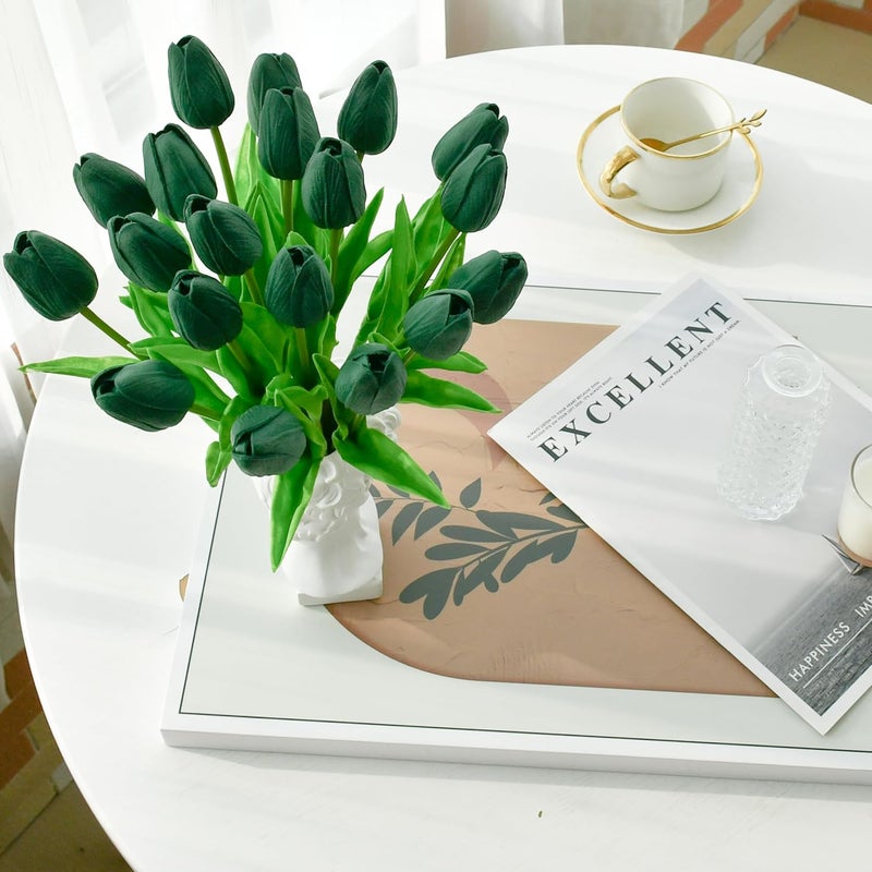 Mandy's Artificial Tulips 20 Stems Dark Green PU Faux Flowers for Thanksgiving and Christmas Decorations Wedding Home Decor 13.5 Inch - Image 5