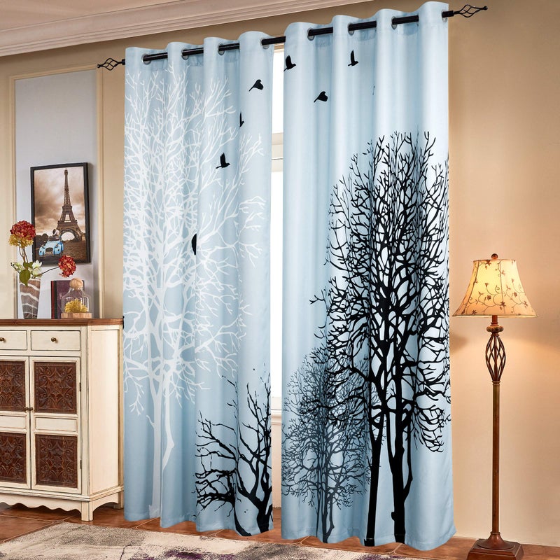 SUBRTEX Light Flitering Curtains 52Wx95L, Room Darkening Vibrant Floral Drapes, 50% Blackout, Semi Sheer Boho Farmhouse Curtains for Living Room, Light Blue - Image 1