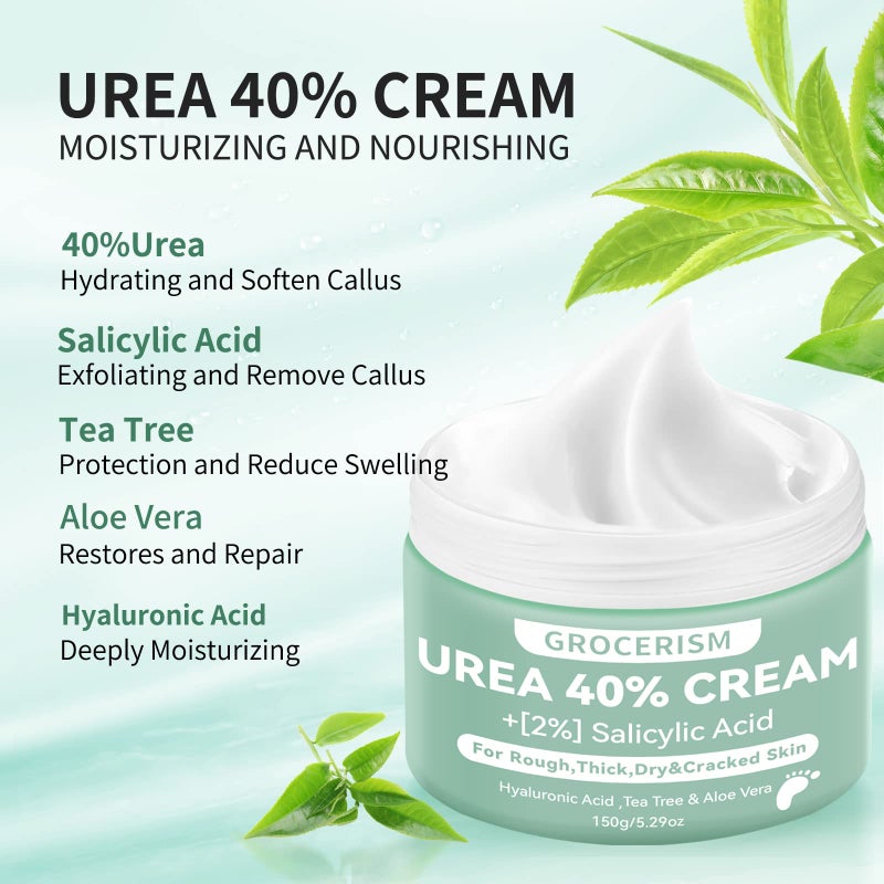 Grocerism 2 Packs Urea Cream 40% Plus 2% Salicylic Acid 5.30 oz || Foot Cream Maximum Strength with Hyaluronic Acid, Tea Tree, and Aloe Vera for Deep Moisturizes, Callus Remover and Soften - Image 2