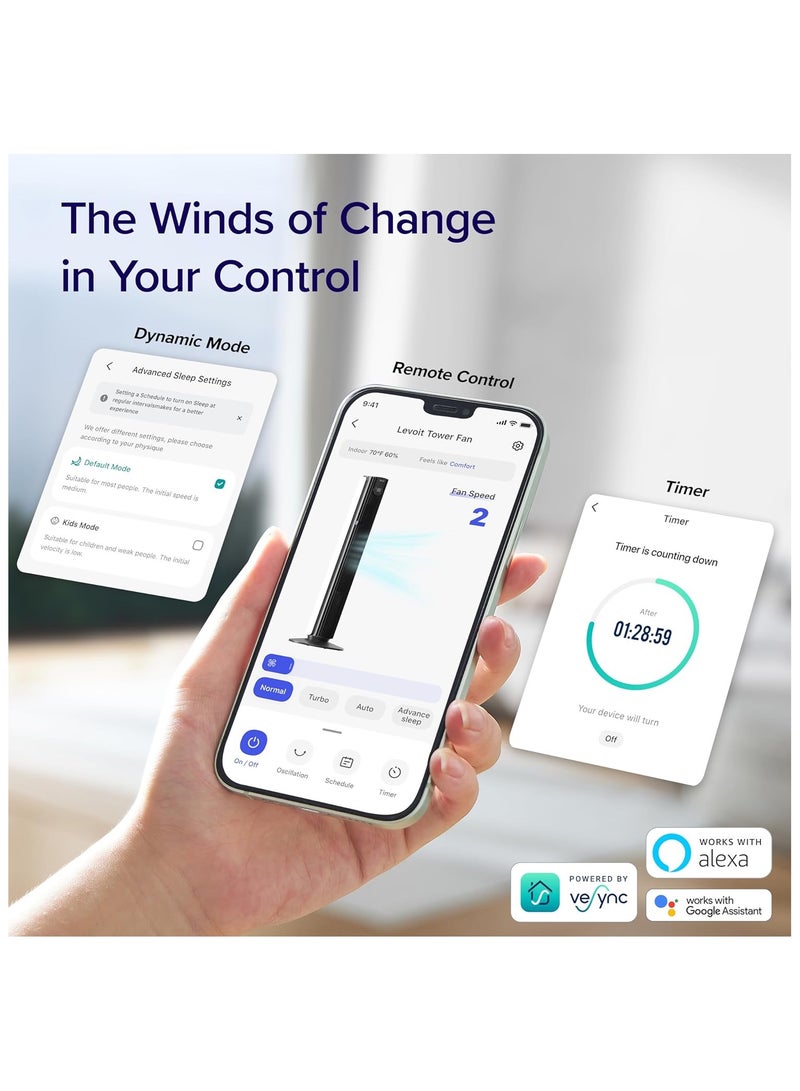 أس بي مروحة برجية ذكية صامتة LEVOIT مقاس 42 بوصة، 7.9 متر/ثانية، مروحة تبريد كهربائية قوية لغرفة النوم، معتمدة من Quiet Mark بمحرك تيار مستمر، 90 درجة تذبذب و60 درجة لأعلى ولأسفل، تحكم صوتي 4 أوضاع 12 سرعة  - Image 2
