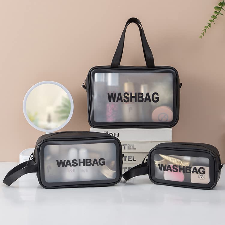 Trendegic Waterproof Multipurpose Clear PVC Zipper Cosmetic Travel Wash Bag Toiletry Makeup Organizer Portable Carry Bag Pouch for Women Girls 3 Pcs Washbag Black - Image 2