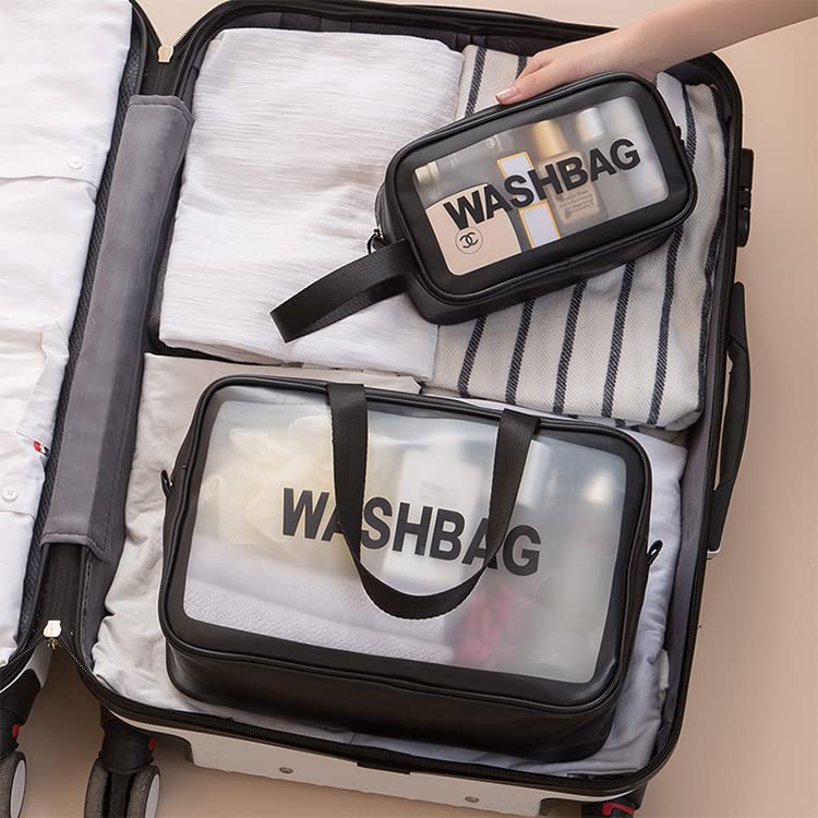 Trendegic Waterproof Multipurpose Clear PVC Zipper Cosmetic Travel Wash Bag Toiletry Makeup Organizer Portable Carry Bag Pouch for Women Girls 3 Pcs Washbag Black - Image 3