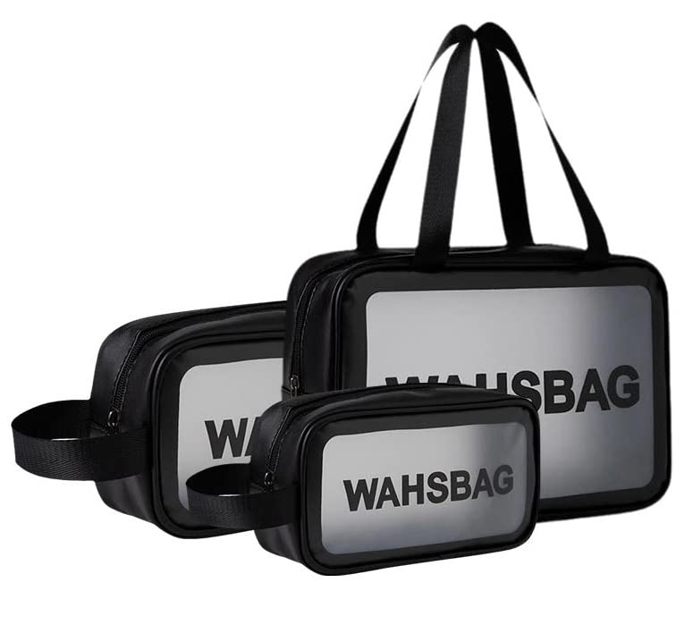 Trendegic Waterproof Multipurpose Clear PVC Zipper Cosmetic Travel Wash Bag Toiletry Makeup Organizer Portable Carry Bag Pouch for Women Girls 3 Pcs Washbag Black - Image 1