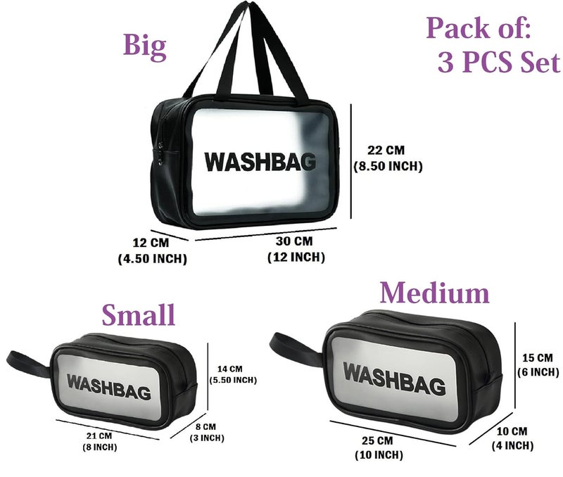 Trendegic Waterproof Multipurpose Clear PVC Zipper Cosmetic Travel Wash Bag Toiletry Makeup Organizer Portable Carry Bag Pouch for Women Girls 3 Pcs Washbag Black - Image 5