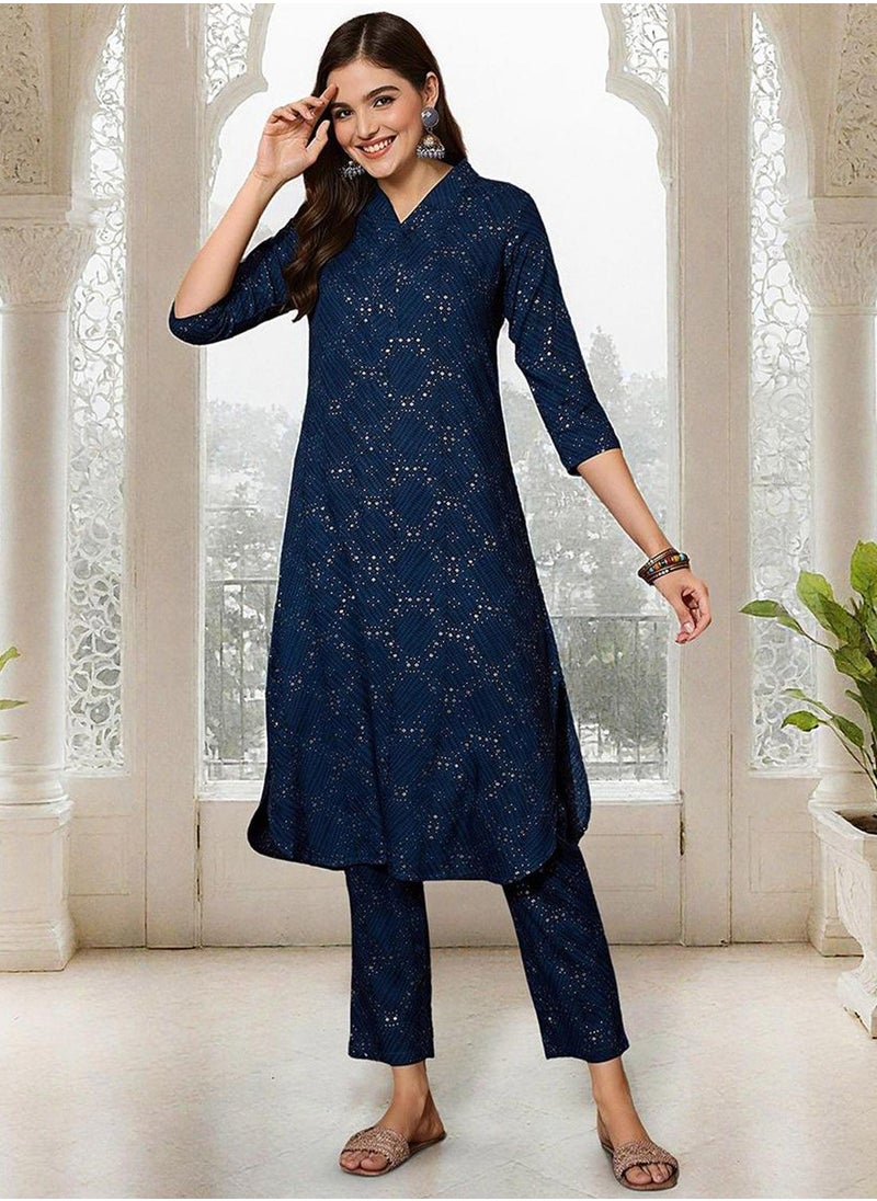 ISHIN Women's Navy Rayon Printed Tunic Full Length Palazzo Straight Fit Kurta Set  - Image 2