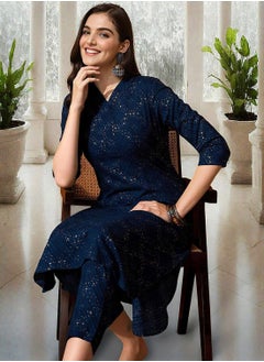 ISHIN Women's Navy Rayon Printed Tunic Full Length Palazzo Straight Fit Kurta Set  - Image 1