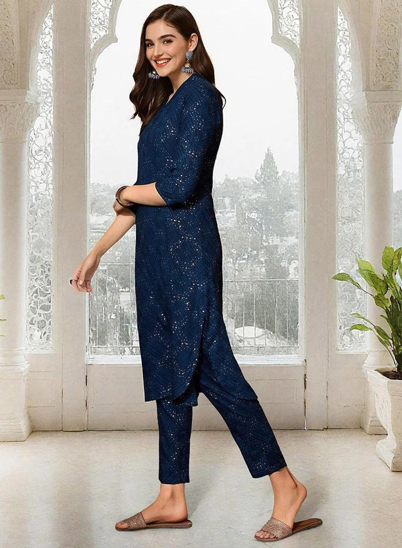 آي شين طقم كورتا نسائي من رايون أزرق مطبوع بقصة مستقيمة بالكامل مع بنطلون بالازو