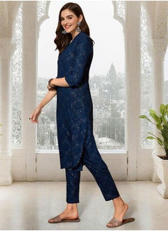 ISHIN Women's Navy Rayon Printed Tunic Full Length Palazzo Straight Fit Kurta Set  - Image 5