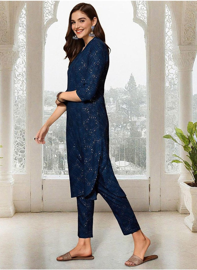 ISHIN Women's Navy Rayon Printed Tunic Full Length Palazzo Straight Fit Kurta Set  - Image 5