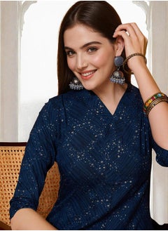 ISHIN Women's Navy Rayon Printed Tunic Full Length Palazzo Straight Fit Kurta Set  - Image 3