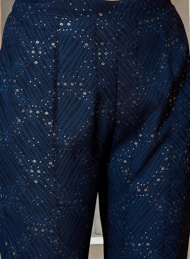 آي شين طقم كورتا نسائي من رايون أزرق مطبوع بقصة مستقيمة بالكامل مع بنطلون بالازو