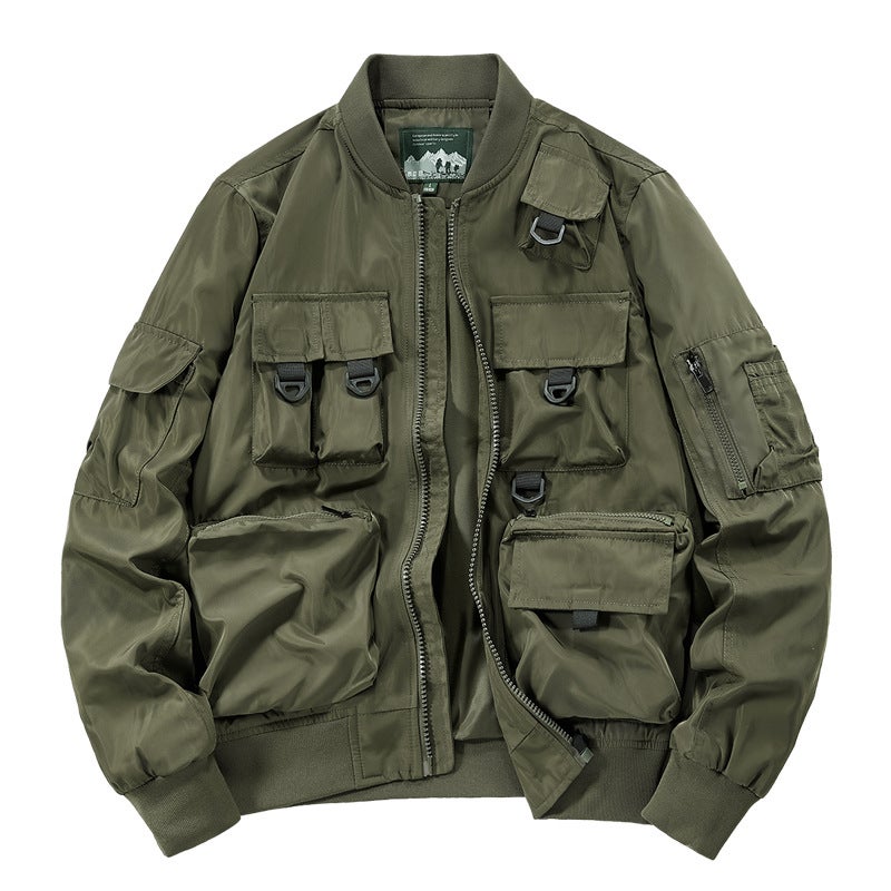 Cross-border Bomber Jacket Mens Multi-bag Jacket American Baseball Suit Functional Three-proof Charge Clothes Workwear Top Army Green - Image 1