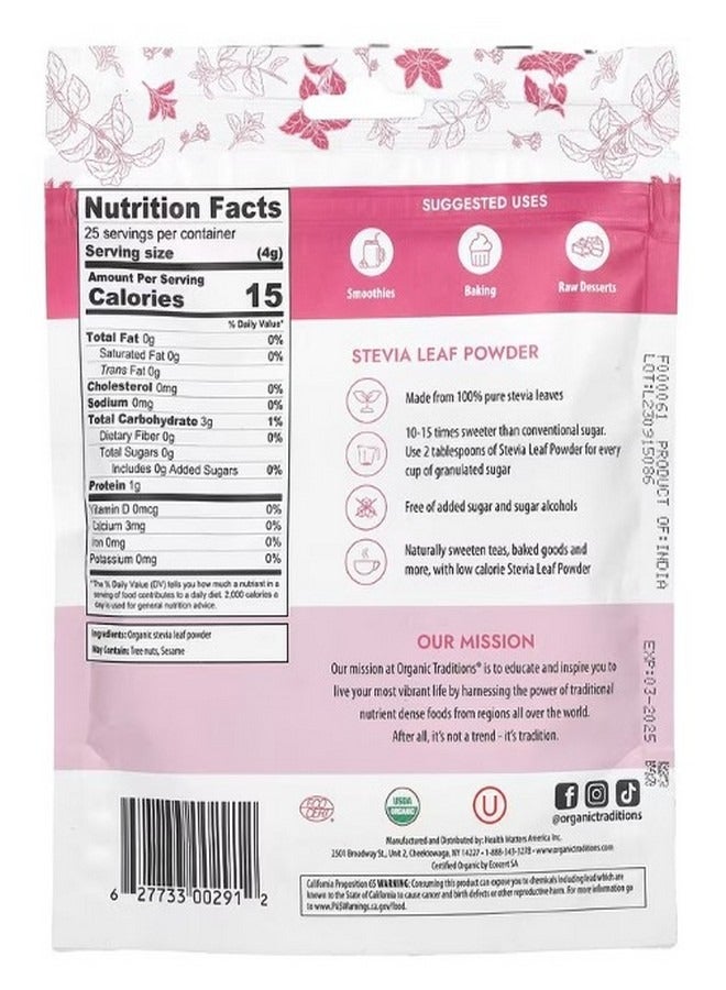 Organic Traditions Stevia Leaf Powder 3.5 oz 100 g - Image 2