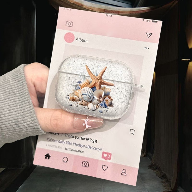 Transparent Glitter Starfish Seashell Pattern Universal Wireless Earphone Protective Case For Airpods Pro - Image 3