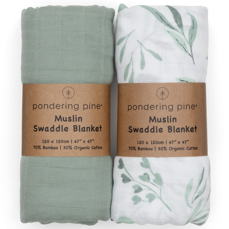 Pondering Pine Organic Baby Muslin Swaddle Blankets for Boy or Girl Eucalyptus Leaves and Sage Swaddling Blanket 2 Pack Soft Muslin XLarge and Breathable Boho Baby 47 X 47
