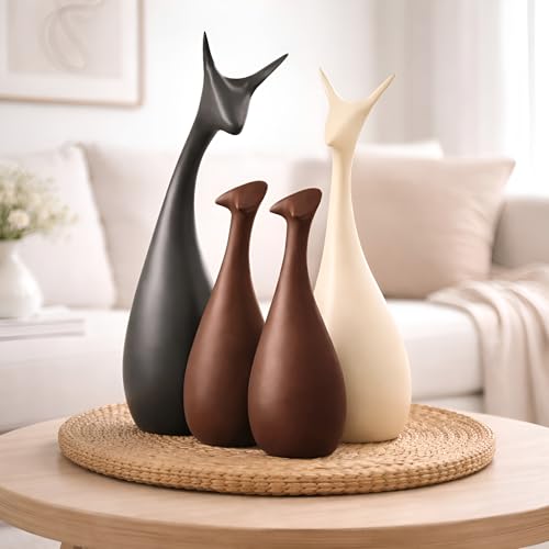 Xtore Home Decor Lucky Deer Family Matte Finish Ceramic Figures - (Set of 4, Matte Brown) - Image 1