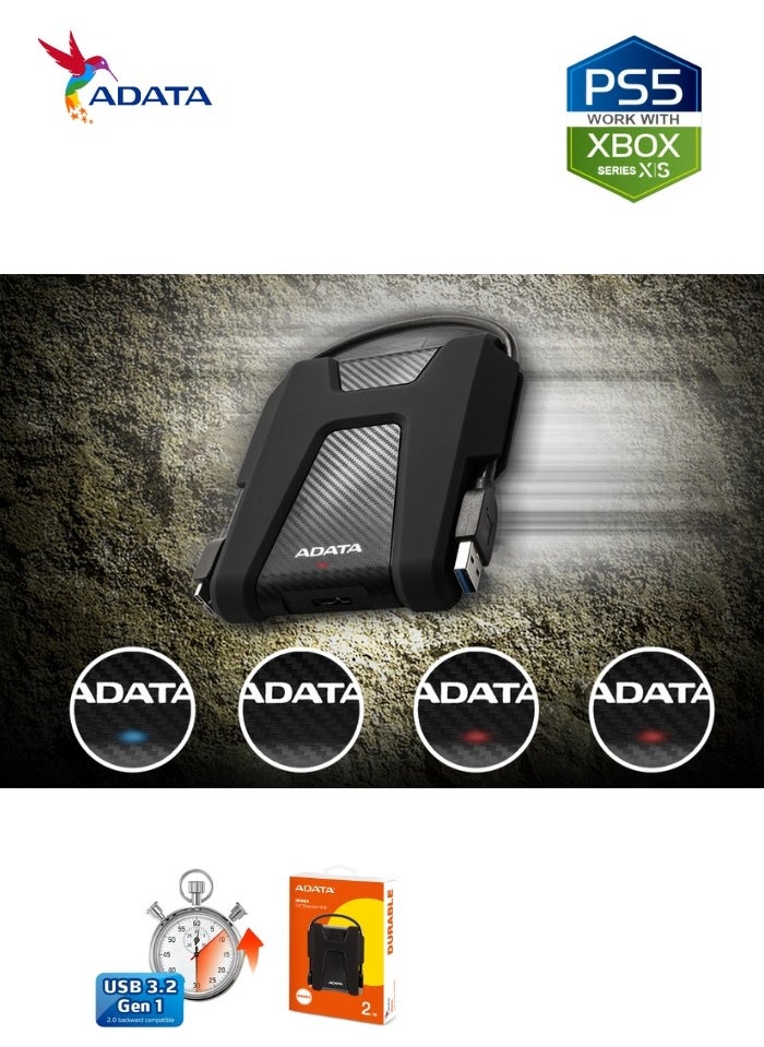 ADATA - HD680 DURABLE 2TB External HDD | Anti-Shock Hard Drive | Compatible with PS5 XBOX | Black - Image 1