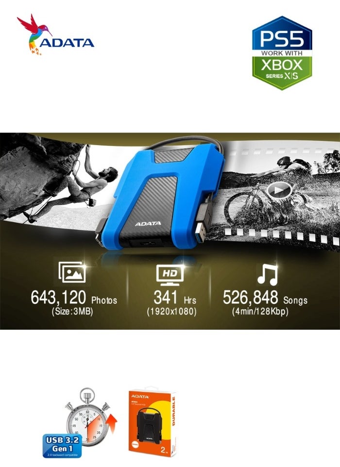 ADATA - HD680 DURABLE 2TB External HDD | Anti-Shock Hard Drive | Compatible with PS5 XBOX | Black - Image 1