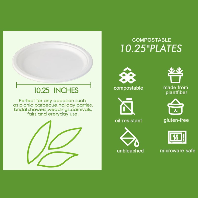 Vplus 150 Pack Compostable Disposable Paper Plates 10.25 inch Super Strong Paper Plates 100% Bagasse Natural Biodegradable Eco-Friendly Sugarcane(white) - Image 2