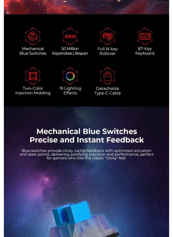 havit Gaming Mechanical Keyboard 87 Keys Blue Switch RGB Backlit USB Wired - model  KB892L - Image 3