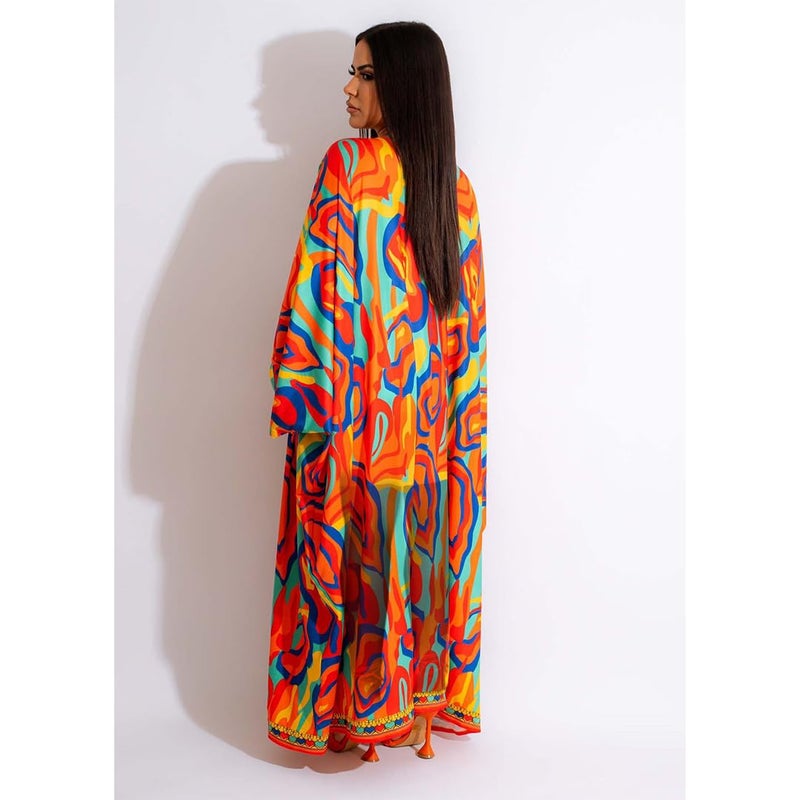 QegarTop Kimono Shorts Set for Women Two Piece Summer Vacation Outfits Flowy Beach Cover up Duster Orange - Image 4