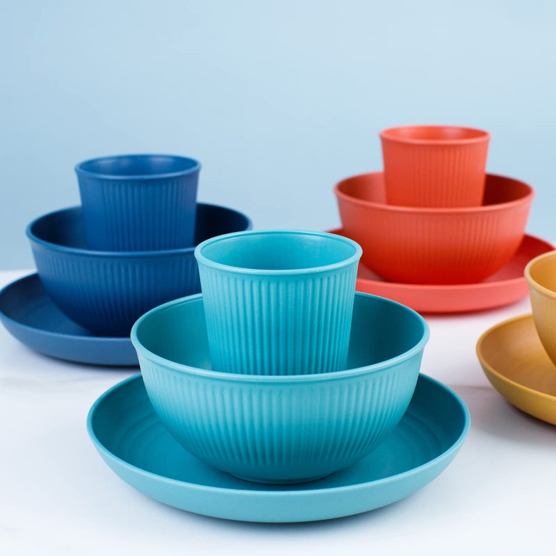 LIYH Love in your he LIYH 32 Pcs Wheat Straw Dinnerware Sets for 8 - Plastic Plates and Bowls Set  Reusable Plastic Plates Bowls  Camper Dish Set for 8  Unbreakable & Dishwasher Dinnerware Stes (Pink Blue Green Yellow) - Image 4