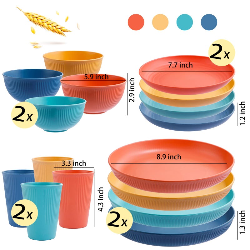 LIYH Love in your he LIYH 32 Pcs Wheat Straw Dinnerware Sets for 8 - Plastic Plates and Bowls Set  Reusable Plastic Plates Bowls  Camper Dish Set for 8  Unbreakable & Dishwasher Dinnerware Stes (Pink Blue Green Yellow) - Image 2