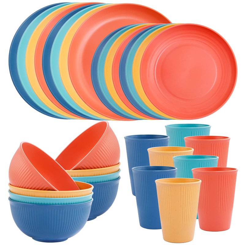 LIYH Love in your he LIYH 32 Pcs Wheat Straw Dinnerware Sets for 8 - Plastic Plates and Bowls Set  Reusable Plastic Plates Bowls  Camper Dish Set for 8  Unbreakable & Dishwasher Dinnerware Stes (Pink Blue Green Yellow) - Image 1