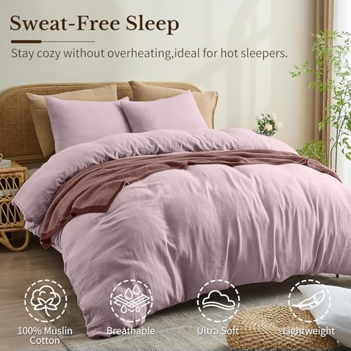 MEISHANG Muslin Duvet Cover King Size - 100% Organic Cotton, Soft Textured Gauze Weave Comforter Cover for Breathable All-Season with Zipper Closure - 3 Piece Set (King, Light Purple) - Image 2