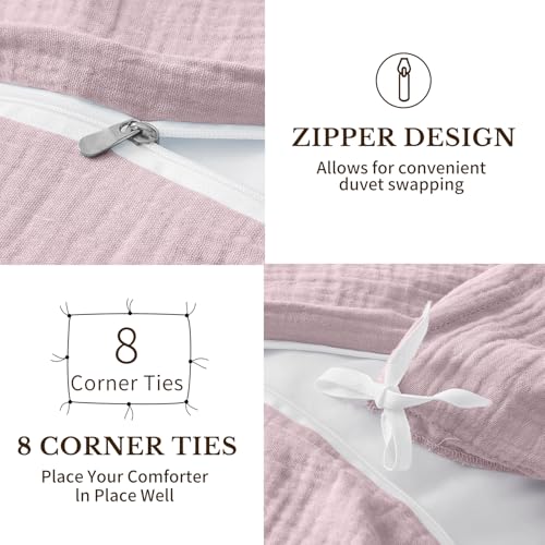 MEISHANG Muslin Duvet Cover King Size - 100% Organic Cotton, Soft Textured Gauze Weave Comforter Cover for Breathable All-Season with Zipper Closure - 3 Piece Set (King, Light Purple) - Image 5