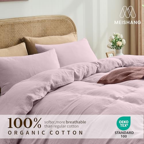 MEISHANG Muslin Duvet Cover King Size - 100% Organic Cotton, Soft Textured Gauze Weave Comforter Cover for Breathable All-Season with Zipper Closure - 3 Piece Set (King, Light Purple) - Image 3