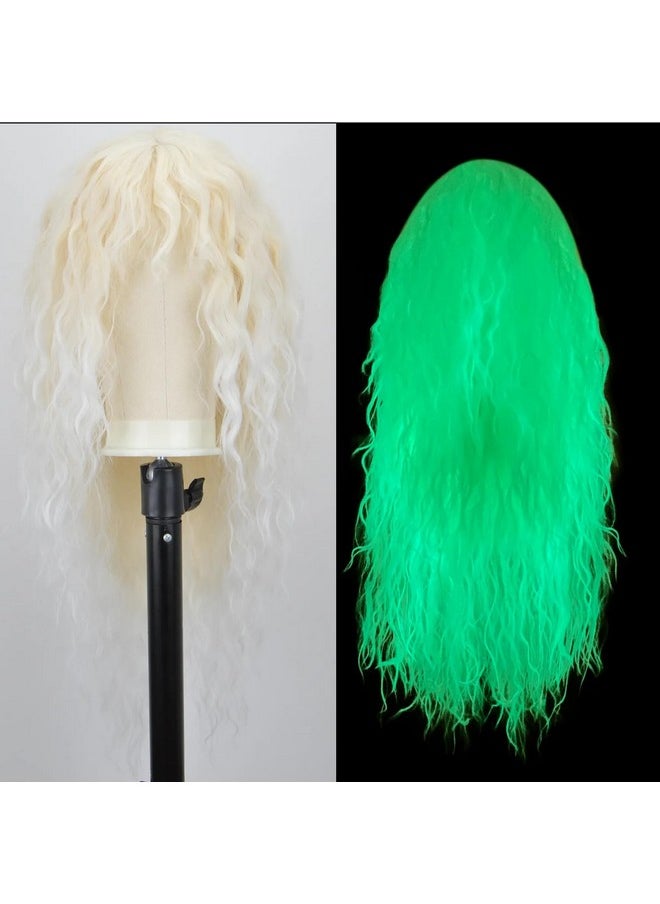 Free beauty - Ree Beauty Glow In The Dark Wig With Bangs For Women 26 Inch Long Wavy Hair Wig White Ombre Blonde Wig Synthetic Heat Resistant Fiber Wig For Party Cosplay Use - Image 1