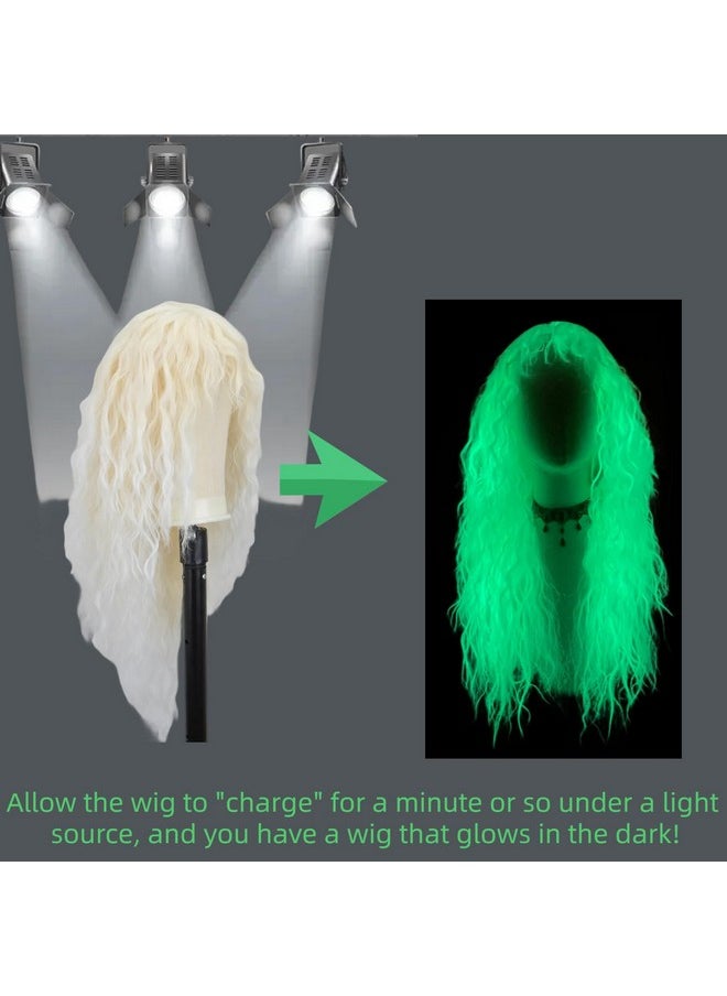 Free beauty - Ree Beauty Glow In The Dark Wig With Bangs For Women 26 Inch Long Wavy Hair Wig White Ombre Blonde Wig Synthetic Heat Resistant Fiber Wig For Party Cosplay Use - Image 1