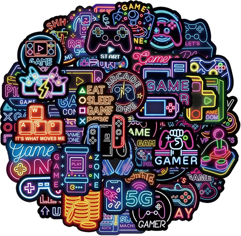 QTL Neon Video Game Stickers for Kids Boys, Gaming Stickers for Water Bottles & Laptop, Gamer Party Supplies, Waterproof Vinyl Pack, 50PCS - Image 1
