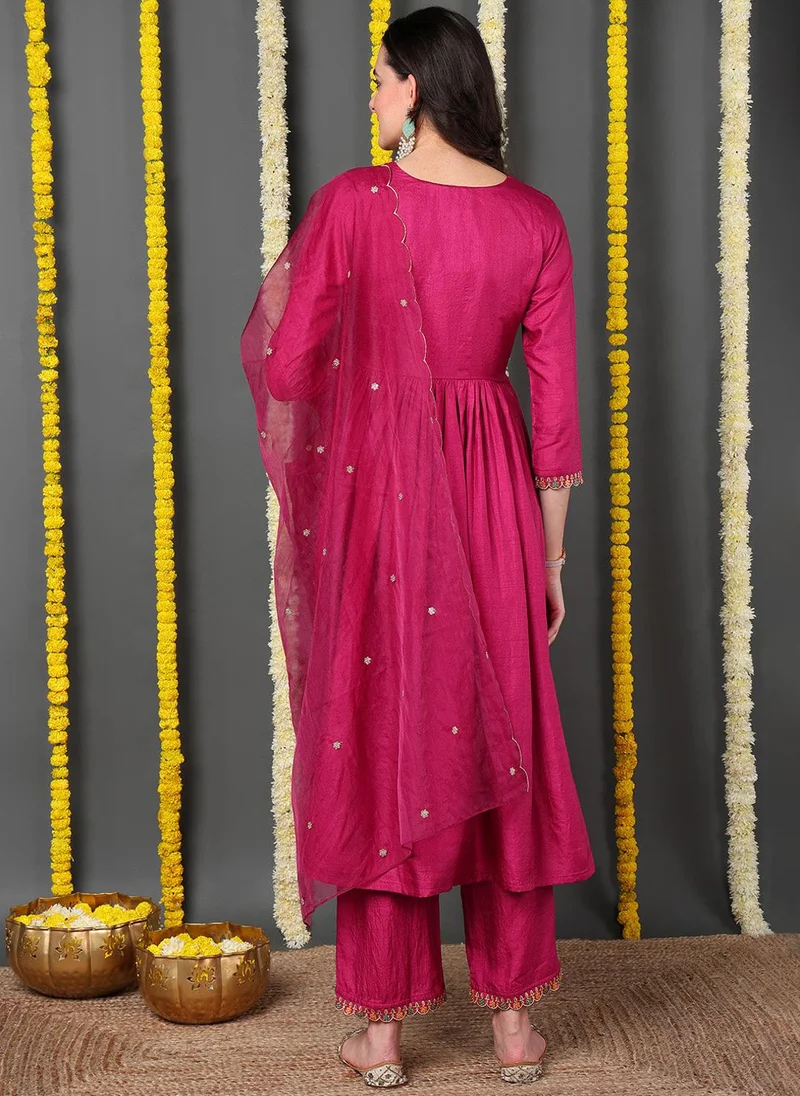 زيري سوق Rani Pink Silk Blend Solid Embroidered Flared Kurta Trouser With Dupatta