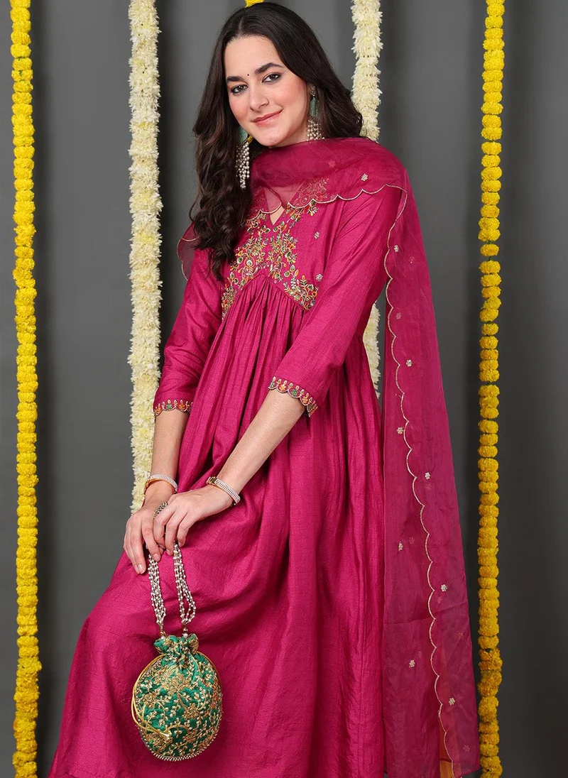 زيري سوق Rani Pink Silk Blend Solid Embroidered Flared Kurta Trouser With Dupatta
