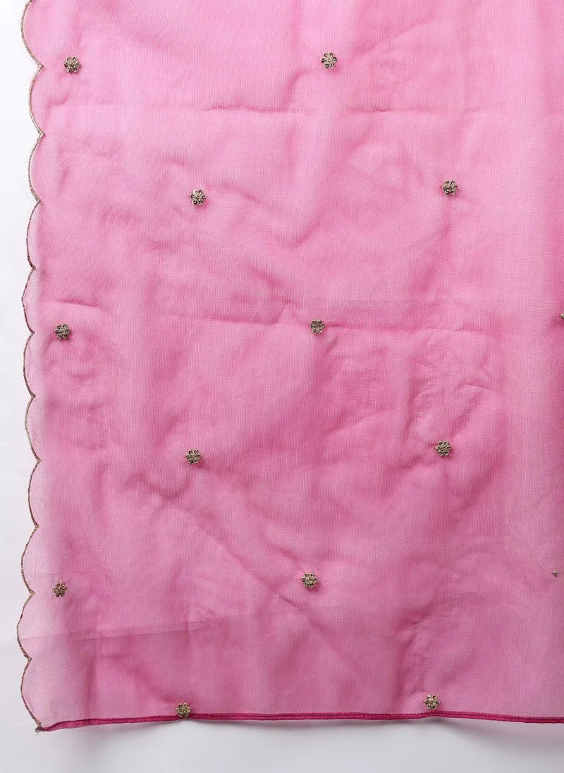 زيري سوق Rani Pink Silk Blend Solid Embroidered Flared Kurta Trouser With Dupatta