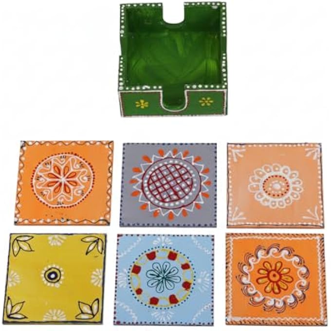 RIGID Handcrafted Tea Coaster Set Of 6  Vibrant Green Wooden Holder With Colorful Floral Design Stylish  Durable Drink Coasters For Tea Coffee And Home Decor 12 X 12 X 5 - Image 2