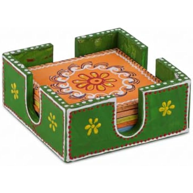 RIGID Handcrafted Tea Coaster Set Of 6  Vibrant Green Wooden Holder With Colorful Floral Design Stylish  Durable Drink Coasters For Tea Coffee And Home Decor 12 X 12 X 5 - Image 1