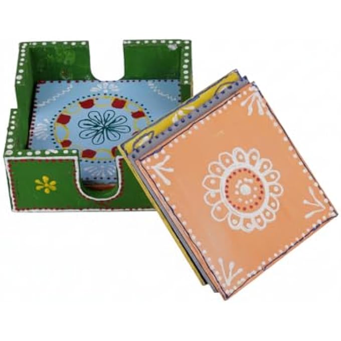 RIGID Handcrafted Tea Coaster Set Of 6  Vibrant Green Wooden Holder With Colorful Floral Design Stylish  Durable Drink Coasters For Tea Coffee And Home Decor 12 X 12 X 5 - Image 3