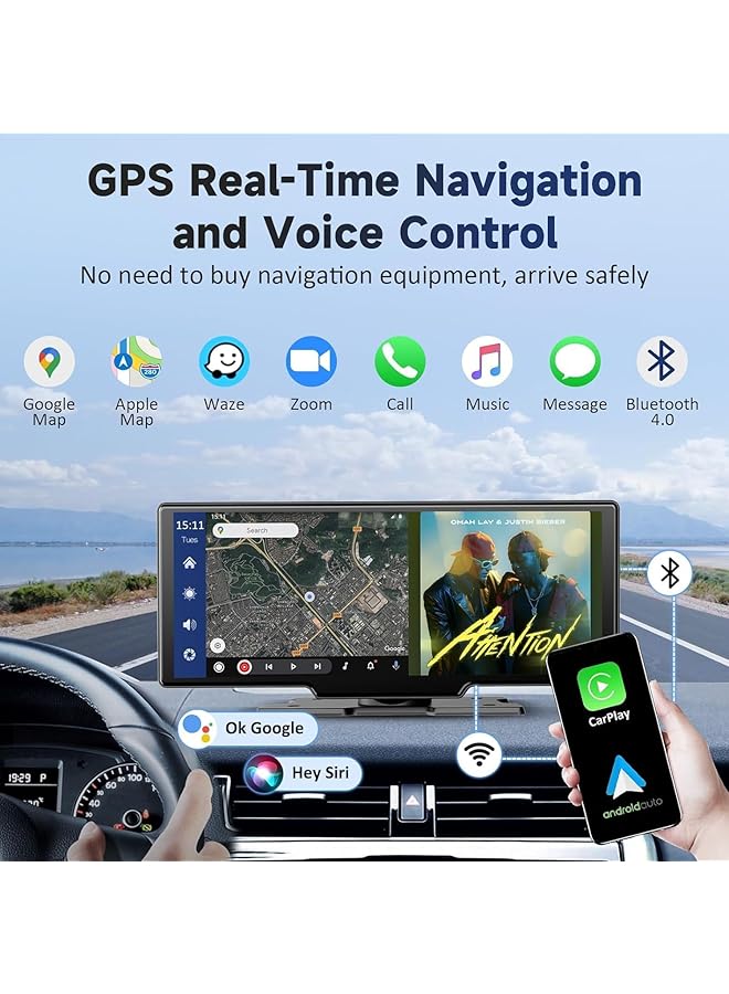 Generic Wireless Carplay Screen For Car, 10.26" Portable Car Radio With Camera 4K Front &1080P Rear, Carplay Screen For Car With 64G Tf, Siri/Google, Aux/Fm - Image 2