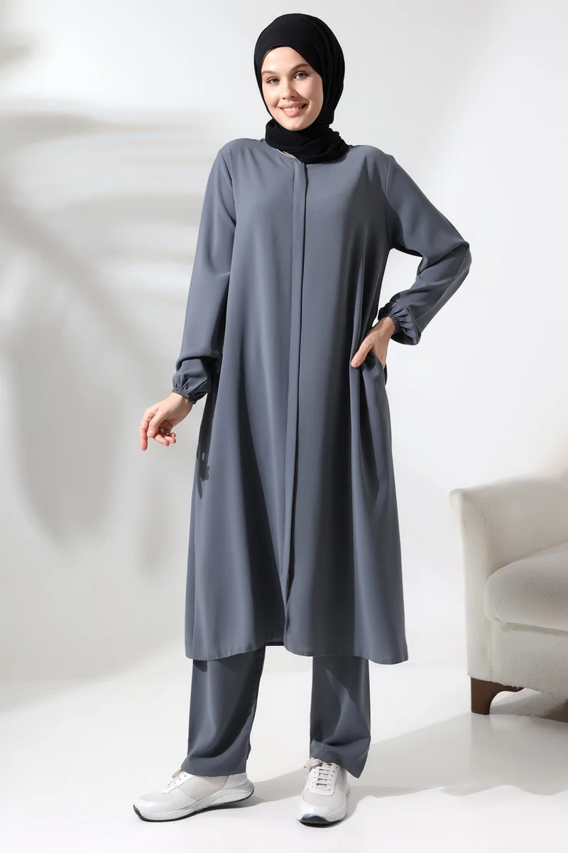 İhvan Ikhwan Women's Hajj and Umrah Clothing Hijab Double Set Gray