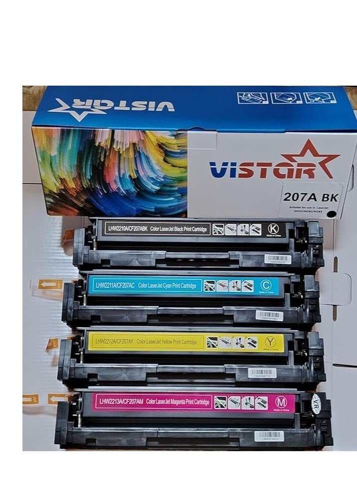 Vistara عبوة حبر Vistar 207A متعددة الاستخدامات (مع شريحة)، خرطوشة حبر متوافقة مع طابعات HP 207A MFP M283fdw M255dw M282nw M283fdn M255nw W2210A W2211A W2212A W2213A، لون أسود سماوي وأصفر وأرجواني، عبوة من 4 قطع - Image 1
