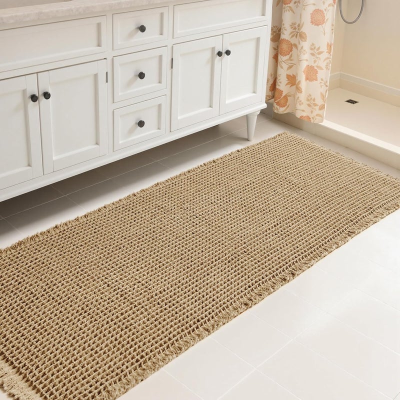 subrtex Waffle Braided Bath Mat, 24" x 60" Soft Waffle Bath Rugs, Absorbent Non Slip Bathrooom Mats, Machine Washable Area Rug for Bathroom, Quick Dry, Khaki - Image 1